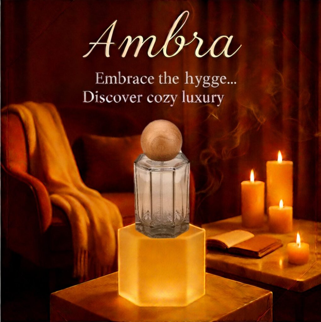 promotional image with the new fragrance ambra 50 ml, the purpose of this image is to show the clints our newest realese and also send them where to buy it